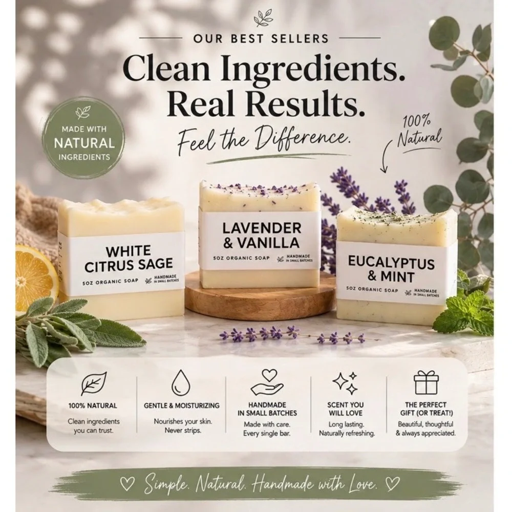 Handmade Organic Soap Set 3‎ Pack Lavender Vanilla White Citrus Eucalyptus Mint
